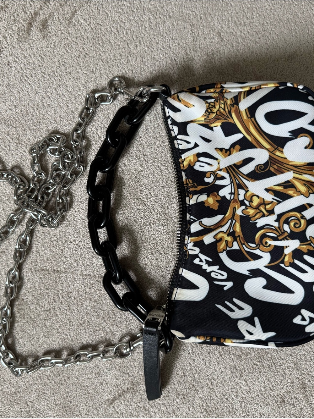 Versace Jeans Collection Black, White & Gold Script Shoulder Bag with Chain